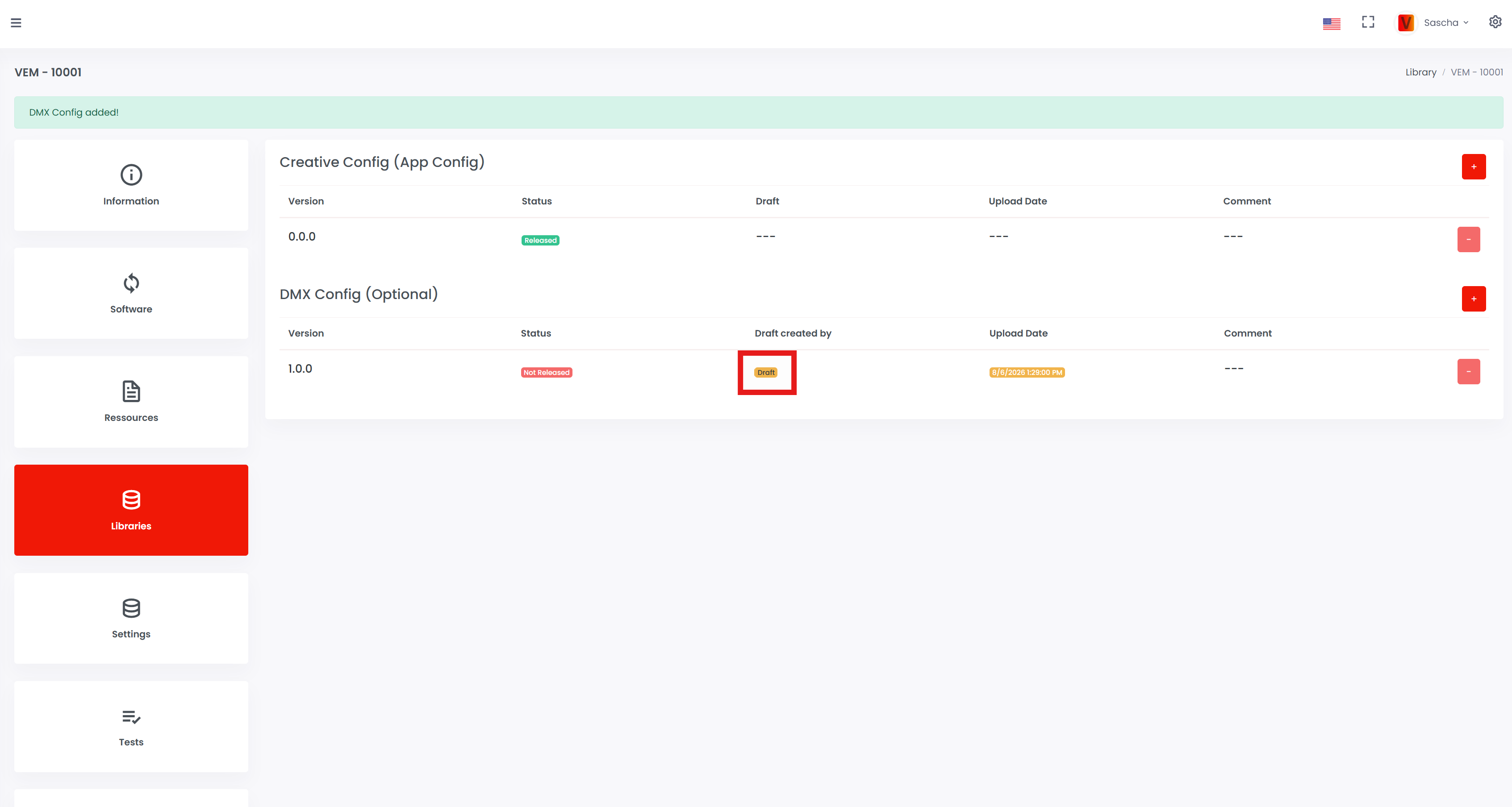 Open the DMX Config draft status